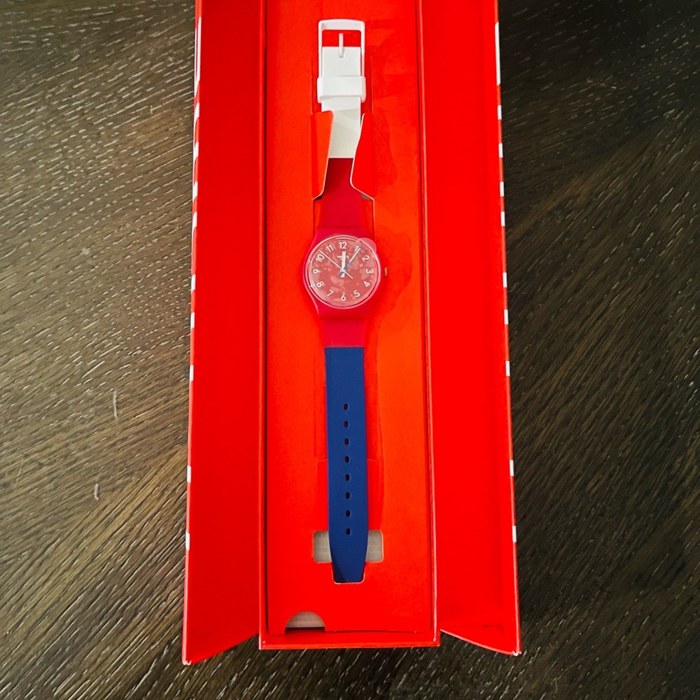 Swatch Red Case Blue Silicone Strap Casual Watch